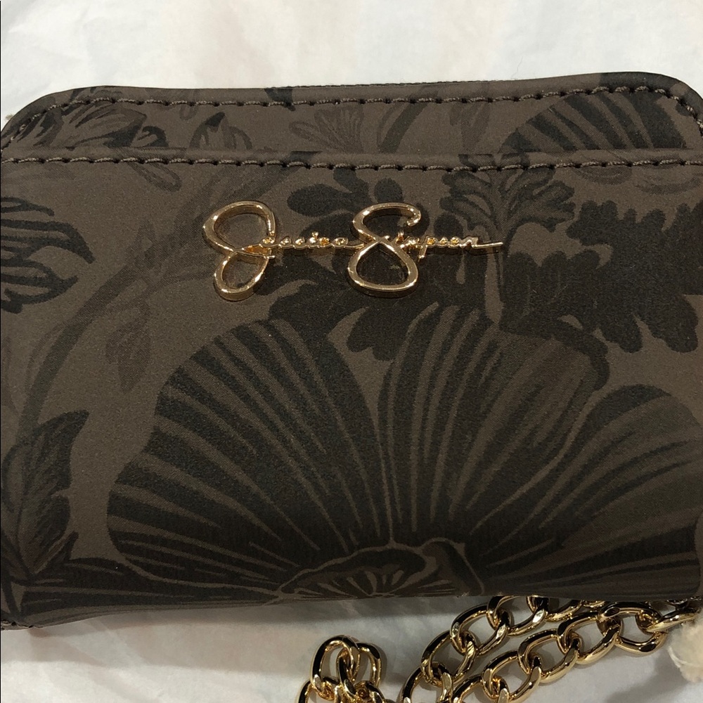 Jessica Simpson brown floral print gold chain coin and ID‎ zippered wallet new